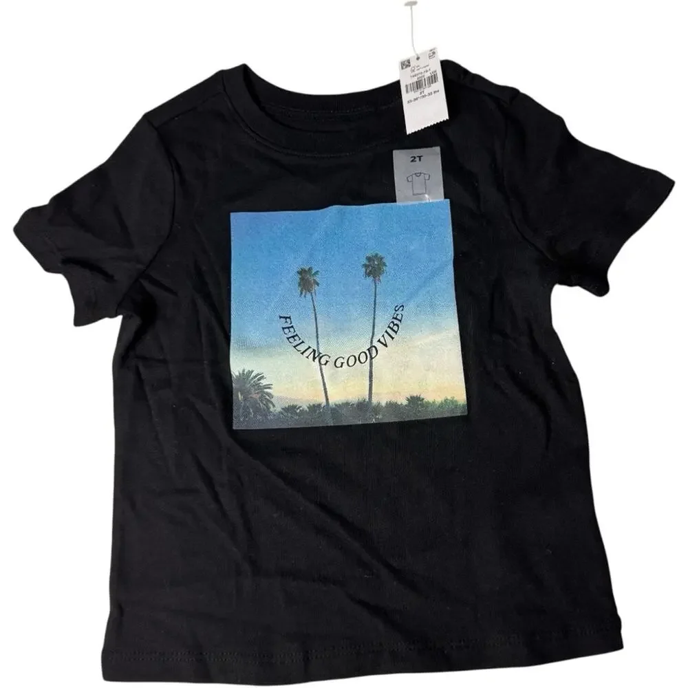 Old navy Black Short Sleeve Kids T-Shirt with Palm Tree  Smiley Face Print Sz 2T